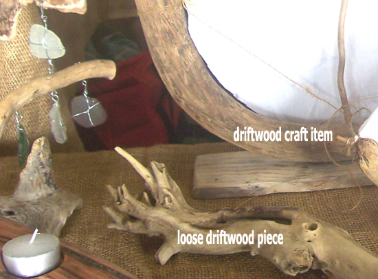 displaying both driftwood craft items and loose pieces